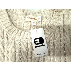 Buckle Chembery Brand Cabeled Knit Rhinestone Sweater Beige Pullover Womens Med